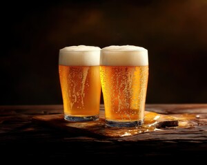 Two frothy glasses of golden beer on rustic wooden table, perfect for a cozy, inviting atmosphere.
