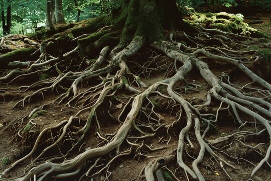 Gnarled, sprawling tree roots exposed above the ground create a mesmerizing network amidst a dense green forest floor.