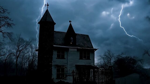 Lightning over spooky house at thunderhead storms on dark night.