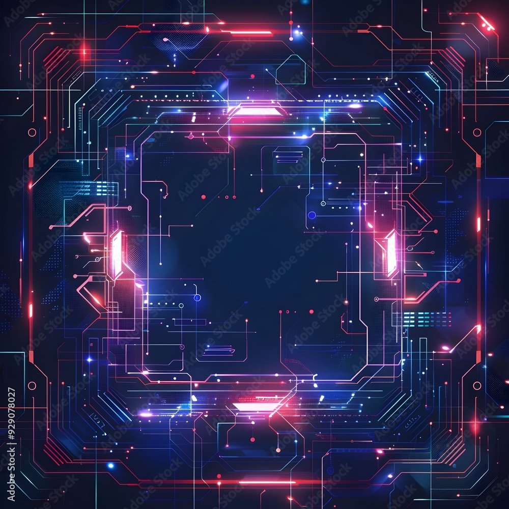Poster modern digital tech frame with futuristic neon geometric elements for technology themed projects