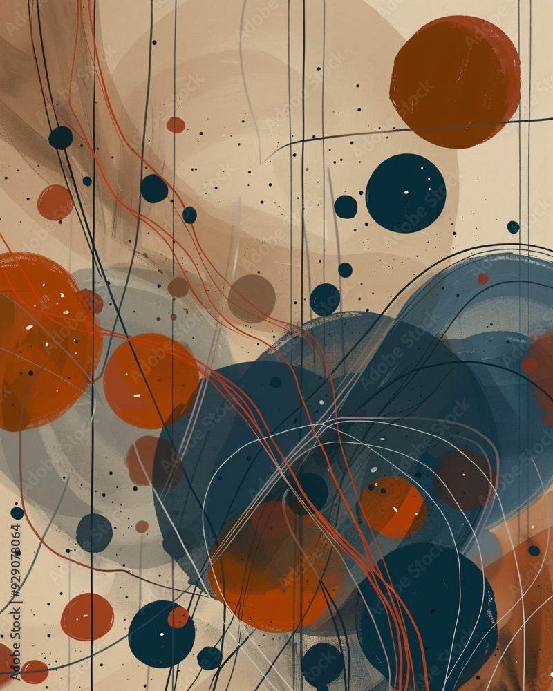 Poster beige planet with orange splash - abstract minimal line art - a painting of circles and lines