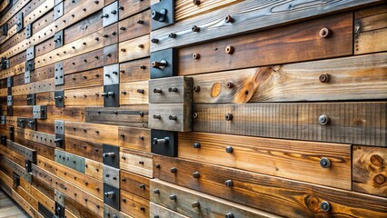 Rustic wooden wall with exposed studs, wooden planks, and metal fasteners, evoking a sense of raw, industrial, and vintage charm in a modern interior design setting.