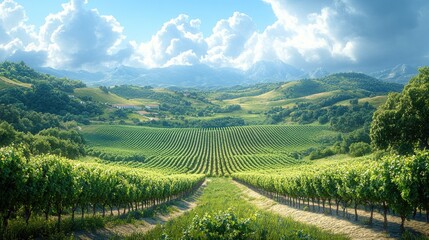 Fototapeta premium Scenic Vineyard Landscape with Rows of Grape Vines and Rolling Hills