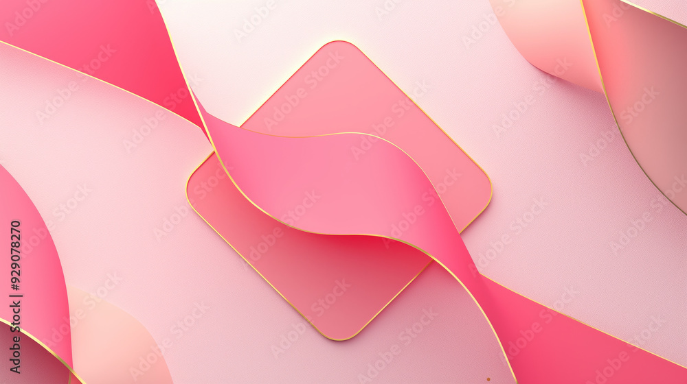 Poster flowing pink shapes with a golden border on a soft gradient background.