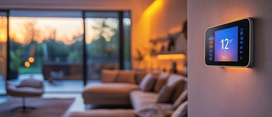 Smart Home Technology Modern Touchscreen Thermostat Integrated with Dimmable Lighting System in Stylish Living Room
