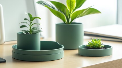 Three green planters housing plants brighten a workspace on a wooden desk