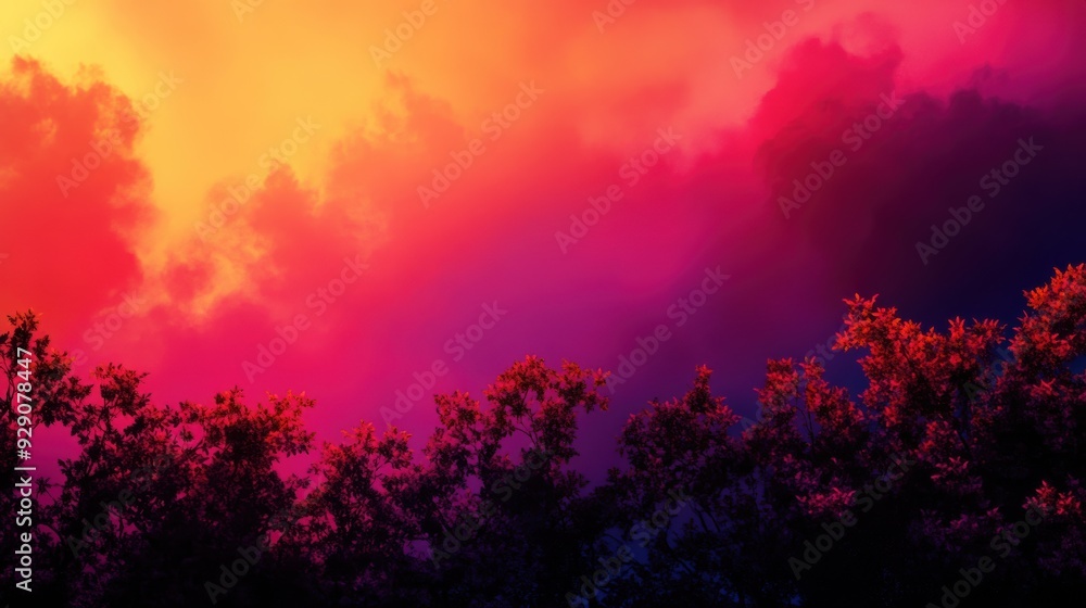 Poster vibrant sunset with a gradient of vivid colors over a silhouette of trees, creating a mesmerizing an