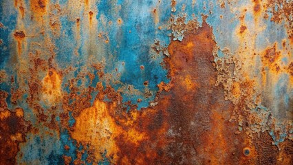 Fototapeta premium Rusty, distressed metal surface with visible scratches, oxidation, and corrosion, showcasing a worn, industrial aesthetic with subtle gradient of blue and orange tones.