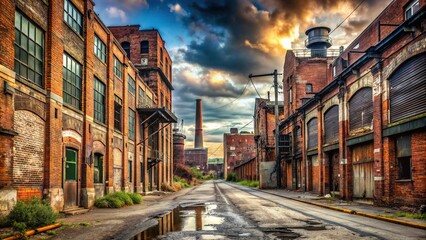 Rusty factories, crumbling brick walls, and worn asphalt roads define this gritty, industrial street scene, evoking a sense of urban decay and neglect.