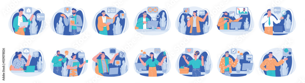 Poster mega set of different blue concepts with people scene in flat cartoon design. impressive scenes usin