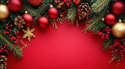Festive Red Christmas Border: A festive Christmas border with red and gold ornaments, pine branches, and pine cones on a red background. 