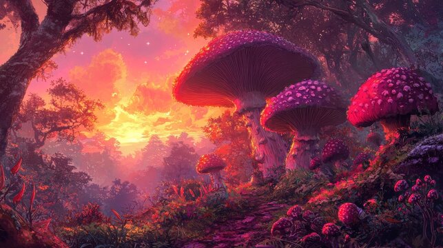 Feywild magical mushroom forest, dungeons and dragons adventuring concept art fantasy digital painting
