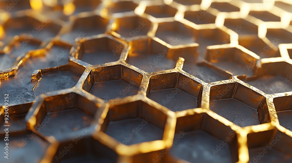 Poster close-up of a golden hexagonal pattern with light reflecting off the surface