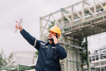 professional man workers engineer in construction industry uses a smartphone to discuss project updates on site. the integration of technology and effective communication in construction management.