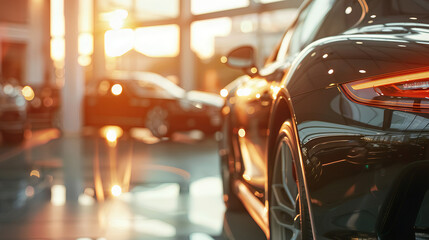 Luxurious Sports Cars Showroom: High-End Automotive Collection Displayed in a Modern Dealership with Sunlight Reflection on the Glossy Black Paint