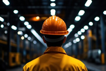Worker wearing an orange safety helmet and reflective gear in an illuminated industrial warehouse, facing away from the camera.