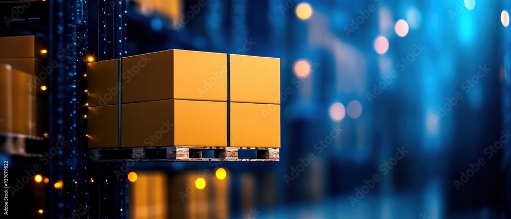 Poster yellow boxes on a robotic conveyor system in a modern automated warehouse with a blue bokeh backgrou