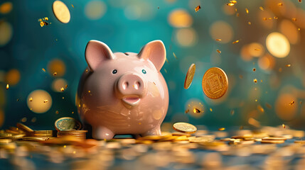 A piggy bank on a teal background with a pile of coins