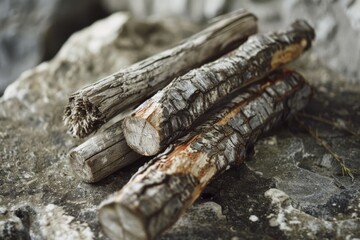 Close-up of rustic, weathered logs stacked against a stone backdrop, evoking a natural, outdoorsy feel.