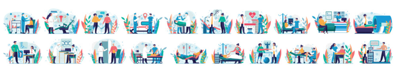 Bundle of medical situations concepts with people scene in flat cartoon design. A large selection of colorful images showing men and women on a blue background. Vector illustration.