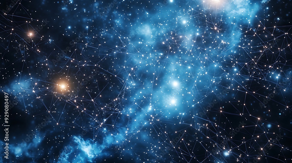 Poster abstract blue nebula with interconnected stars and a network of lines