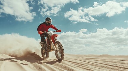 A dirt bike rider speeds across a desert landscape, kicking up a trail of dust as he races towards the horizon.