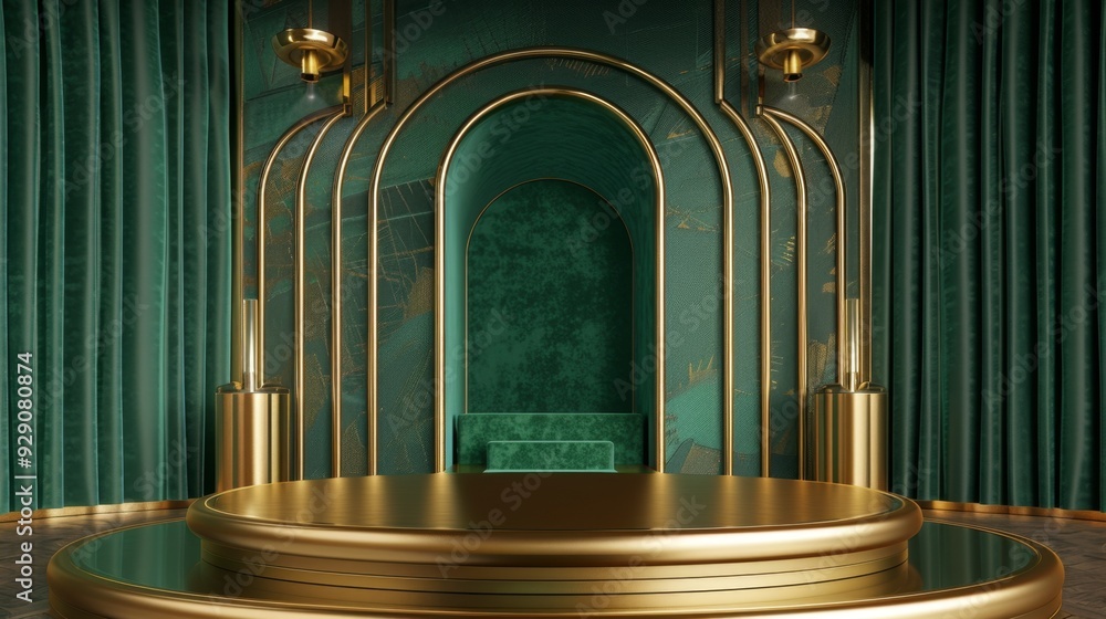 Poster product podium. realistic empty green and golden pedestal mockup for cosmetics advertising. minimal 