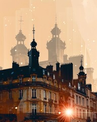 Fototapeta premium Nantes Skyline Double Exposure Composite Cityscape Print - A building with many towers