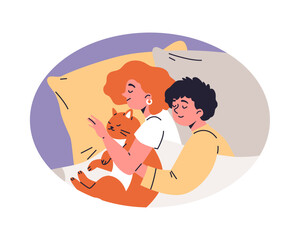 Couple cuddling with cat on bed in isolated round frame.