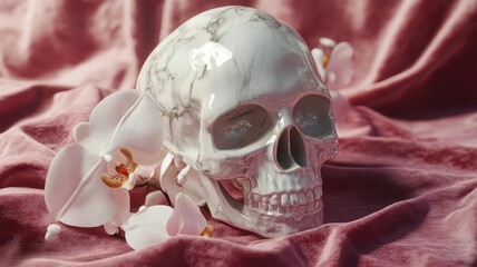3D render of a marble skull with blooming orchids, on a luxurious, velvet backdrop, Skull with flower, Opulence and fragility