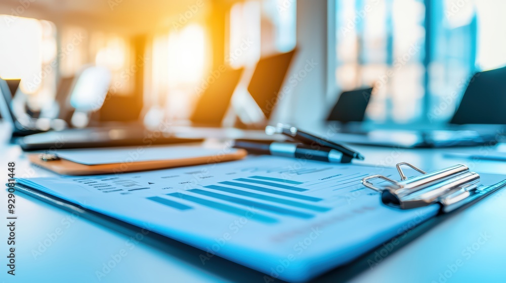Poster a close-up view of a business document with graphs and charts, highlighting professional workspace e