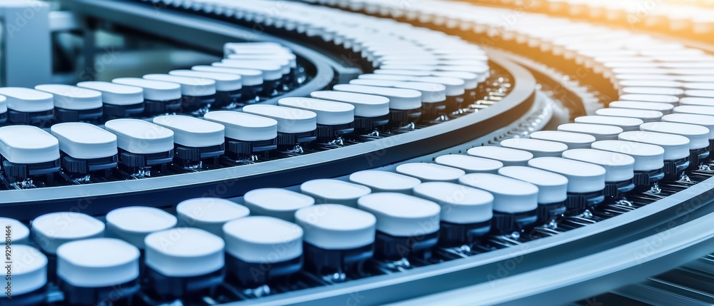 Aufkleber a close-up view of a modern production line featuring bottles on a curved conveyor belt, symbolizing