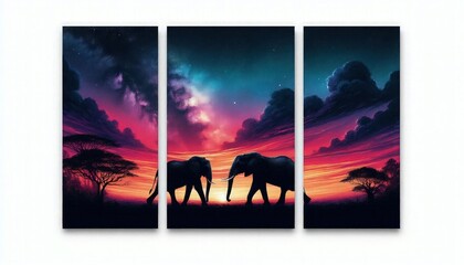 HD triptych art of elephants silhouetted against a twilight sky, vibrant sunset colors, detailed silhouettes, digital painting