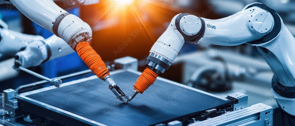 Aufkleber a close-up view of robotic arms working collaboratively in a modern industrial setting, showcasing a