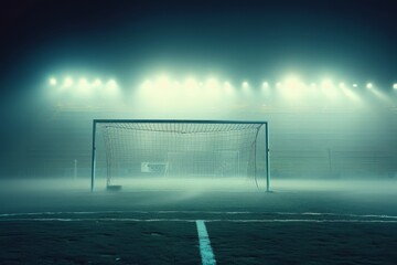 A foggy soccer field illuminated by bright floodlights, with an empty goalpost in the foreground, captures the suspense and stillness of a game paused in anticipation.
