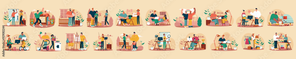 Poster bundle of big character concepts with people scene in flat cartoon design. a huge selection of color