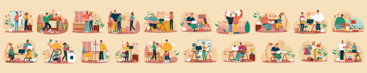 Bundle of big character concepts with people scene in flat cartoon design. A huge selection of colorful illustrations with men and women on various topics. Vector illustration.