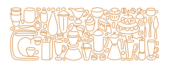 Coffee line bakery art banner. Cups, glass, bean © Yauheniya_Bandaruk