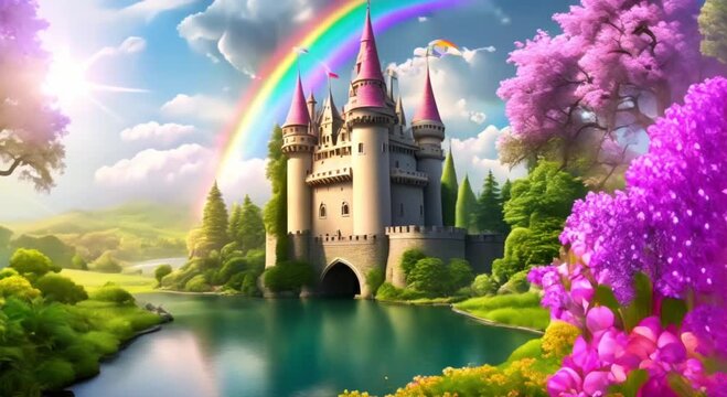 castle in fairy tale fairyland with pink flowers rainbow and moat