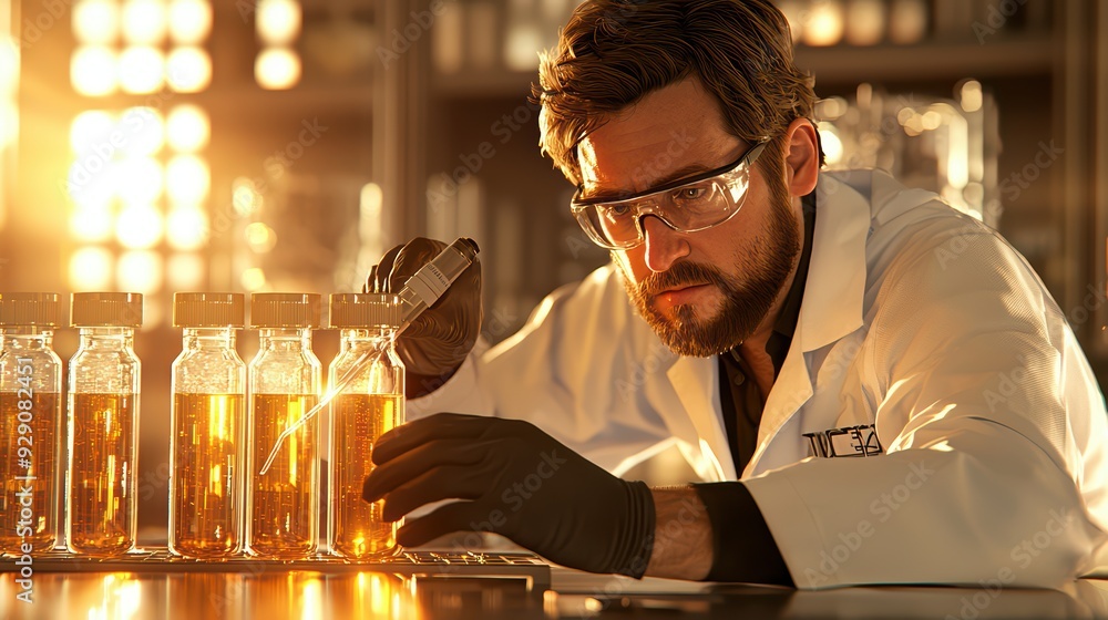 Poster a focused scientist conducts experiments in a modern laboratory, analyzing samples with precision an