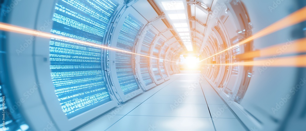 Poster a futuristic hallway illuminated with blue lights and bright rays, creating a sense of speed and won