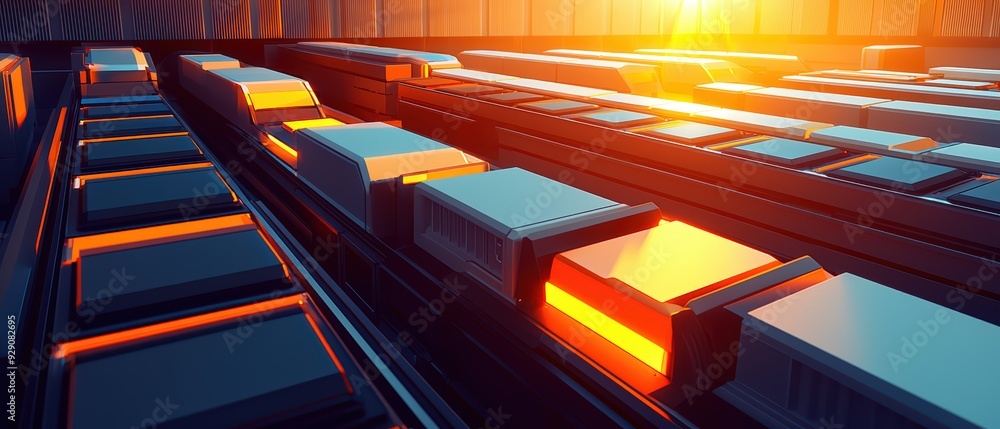Poster a futuristic landscape showcasing illuminated blocks in a vibrant, dynamic setting with a warm sunse