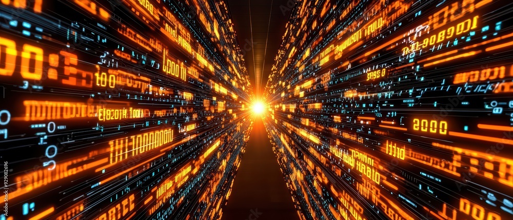 Poster a futuristic digital tunnel with glowing data streams representing speed and technology in vibrant o