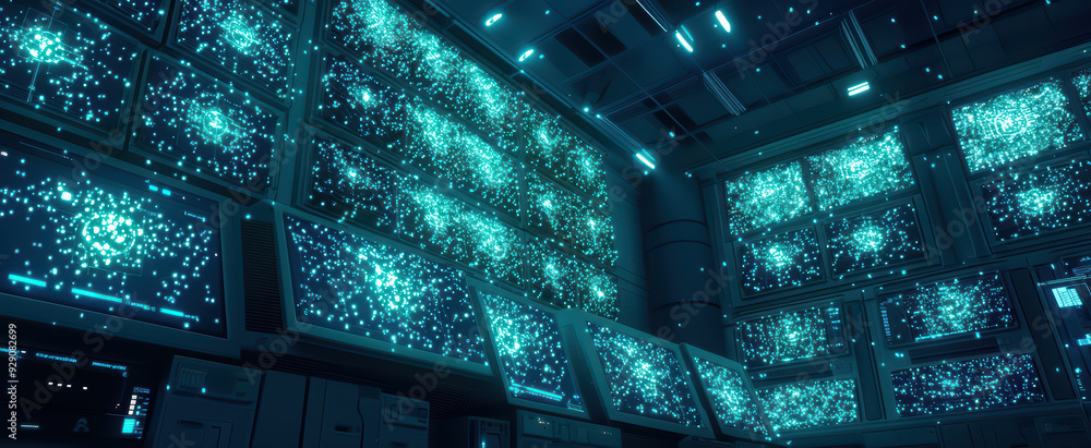 Aufkleber a futuristic control room filled with glowing screens displaying intricate digital patterns, showcas