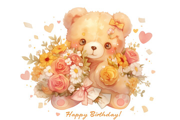 Teddy bear with flowers in a happy birthday card