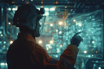 A worker in industrial safety gear uses a holographic interface in a high-tech environment surrounded by blue-lit data panels.