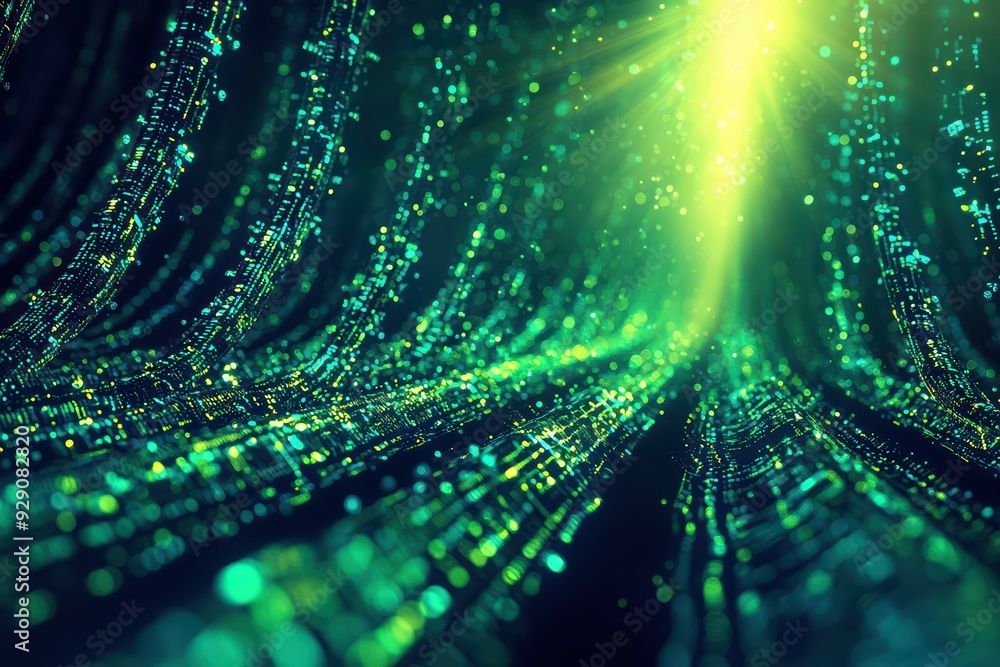 Poster a mesmerizing abstract image showcasing vibrant green particles flowing in a digital landscape, illu
