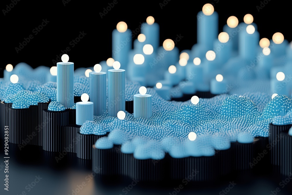 Poster a mesmerizing abstract representation featuring glowing points and blue structures, evoking a sense 
