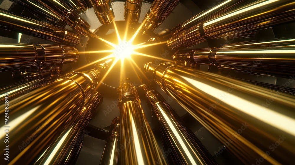 Poster a mesmerizing view of golden tubes radiating light, creating a stunning visual effect perfect for ab
