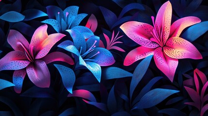 A vibrant illustration of colorful flowers against a dark background.